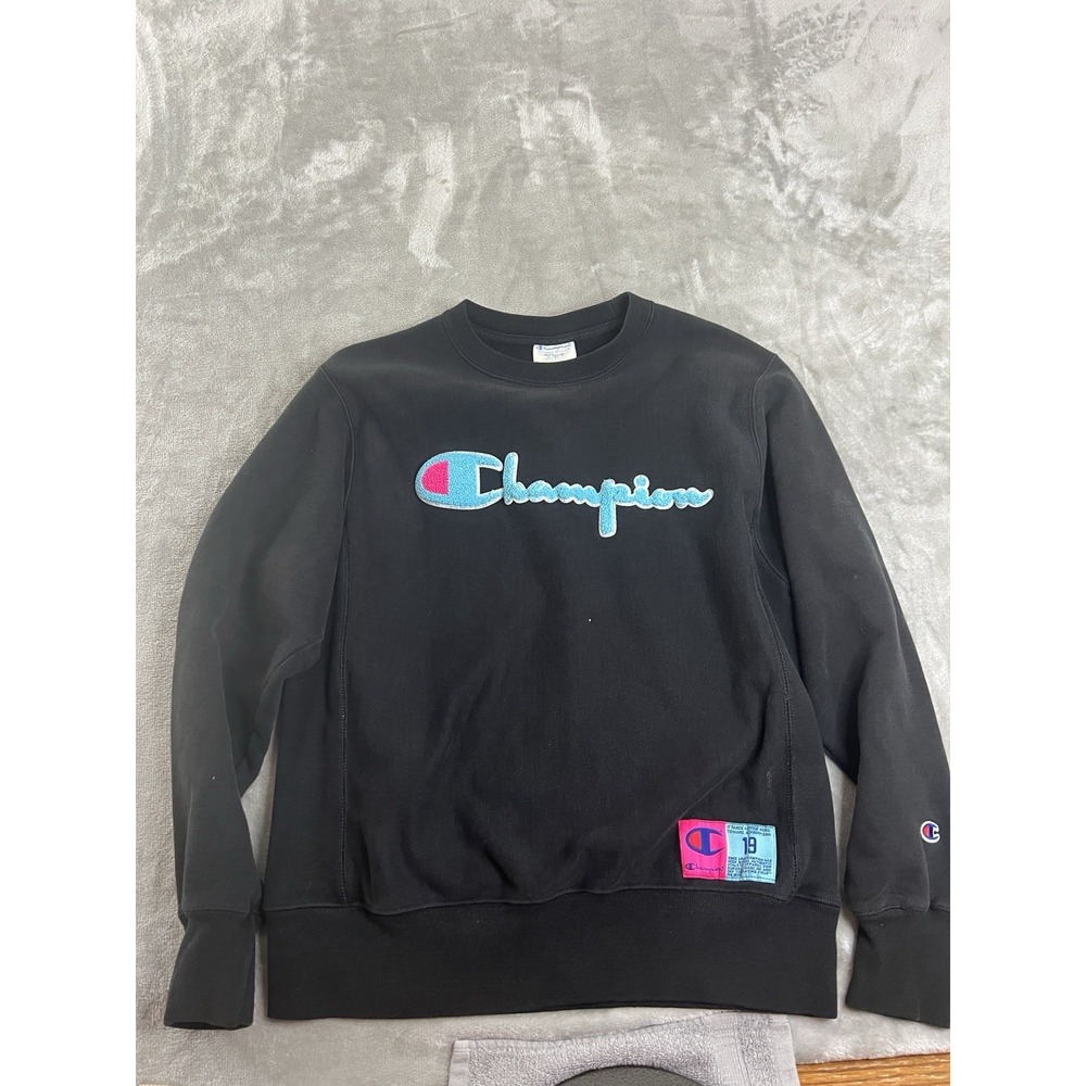 Champion Womens‎ Jacket Medium Black Reverse Weave Chenille Sweatshirt